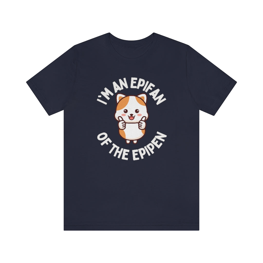 A navy t-shirt with a cat giving thumbs-up and the text around it in a circle "I'm an EpiFan of the EpiPen"