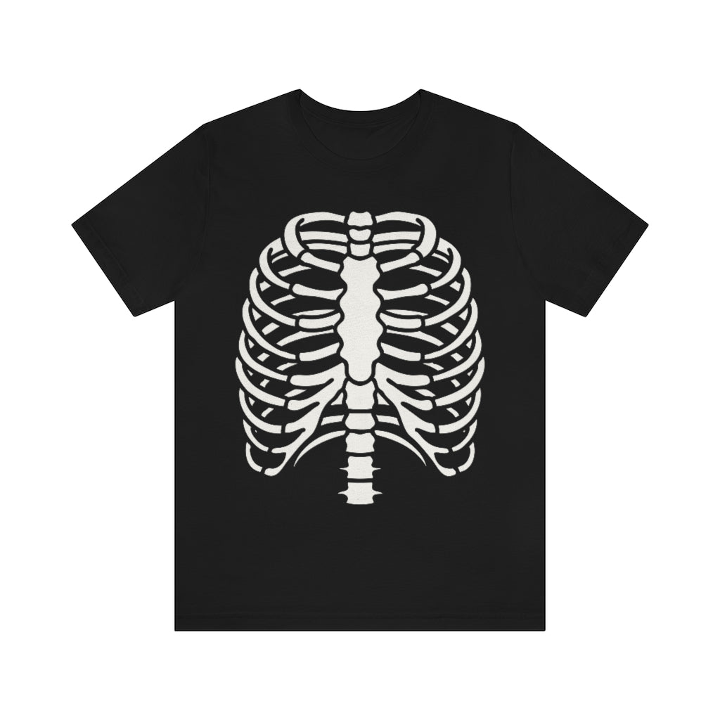 Black t-shirt showing a drawn image of a white ribcage