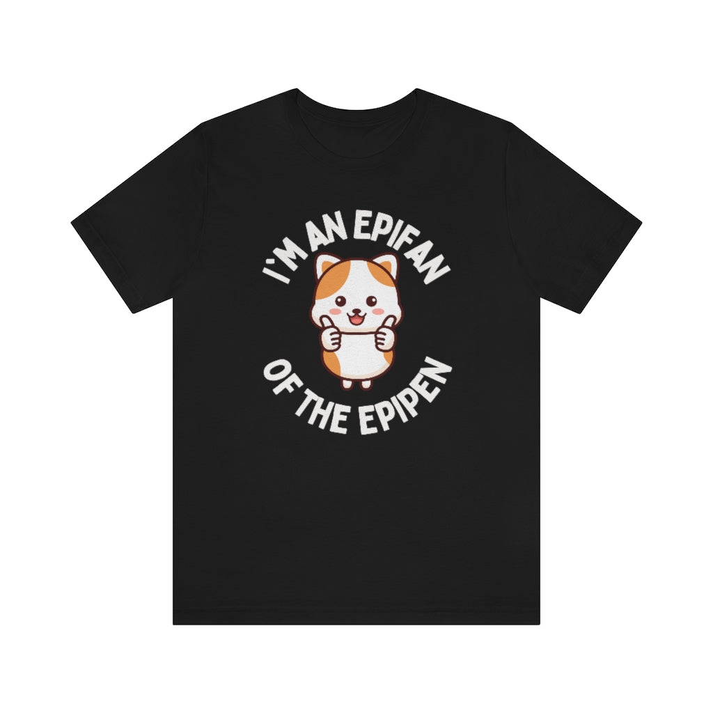 A black t-shirt with a cat giving thumbs-up and the text around it in a circle "I'm an EpiFan of the EpiPen"