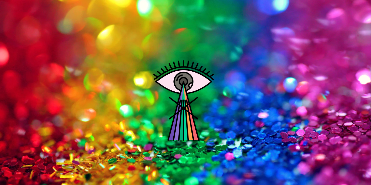 A big rainbow-colored background with in the middle an eye icon. A rainbow enters the eye but has a cross over it, implying colorblindness.