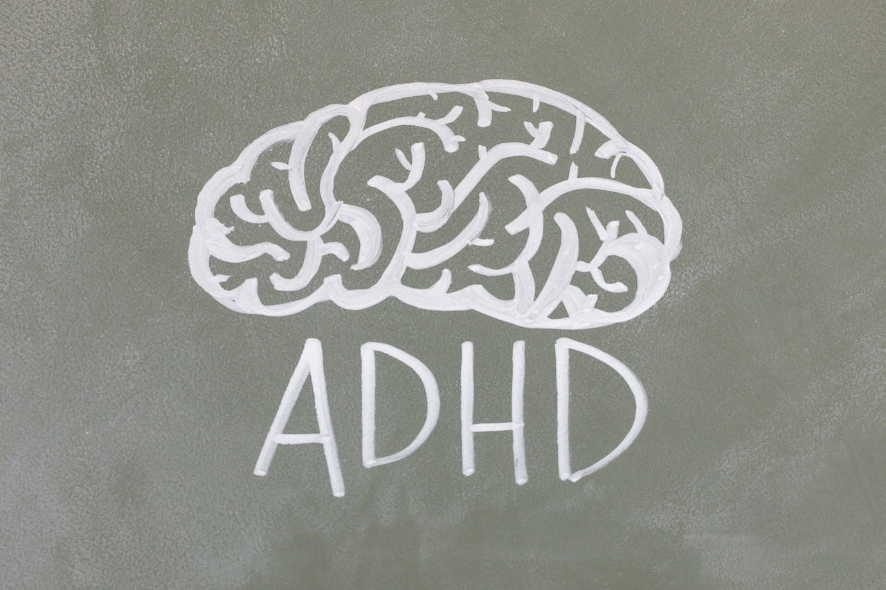 A drawing, all in white, of a brain with the text 'ADHD" under it