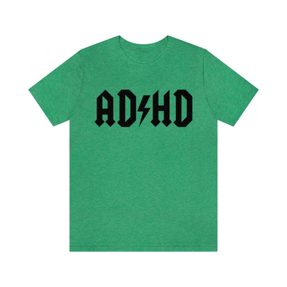 Heather kelly colored t-shirt with black letters and thunderbolt in the middle saying "ADHD"