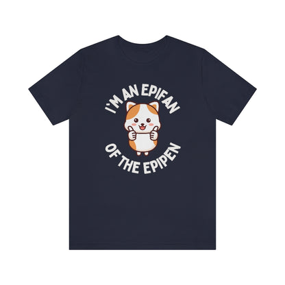 A navy t-shirt with a cat giving thumbs-up and the text around it in a circle "I'm an EpiFan of the EpiPen"