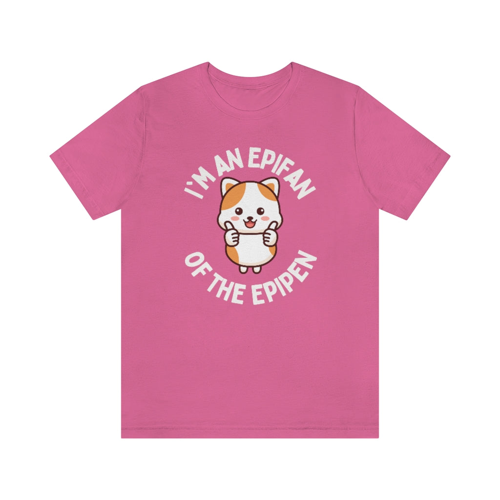 A charity pink t-shirt with a cat giving thumbs-up and the text around it in a circle "I'm an EpiFan of the EpiPen"