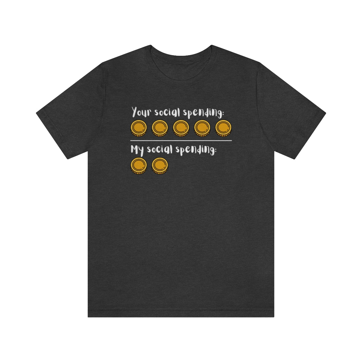 A dark grey heather shirt with the text "Your social spending" with 5 coins  and "my social spending" with 2 coins