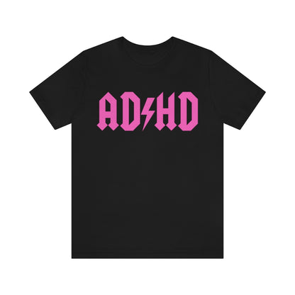Black colored t-shirt with black letters and thunderbolt in the middle saying "ADHD"