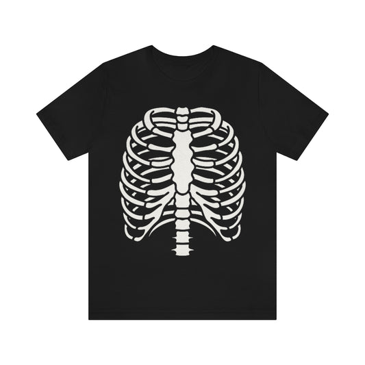 Black t-shirt showing a drawn image of a white ribcage