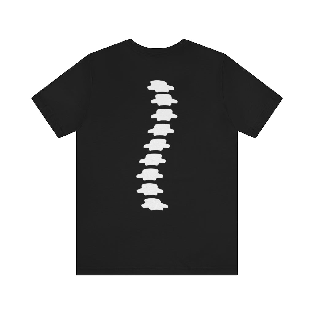 The back of a black t-shirt showing a drawn image of a white spine that suffers from scoliosis