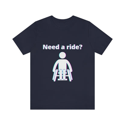 Navy t-shirt with a person in wheelchair with text in glitch effect saying: "Need a ride?"