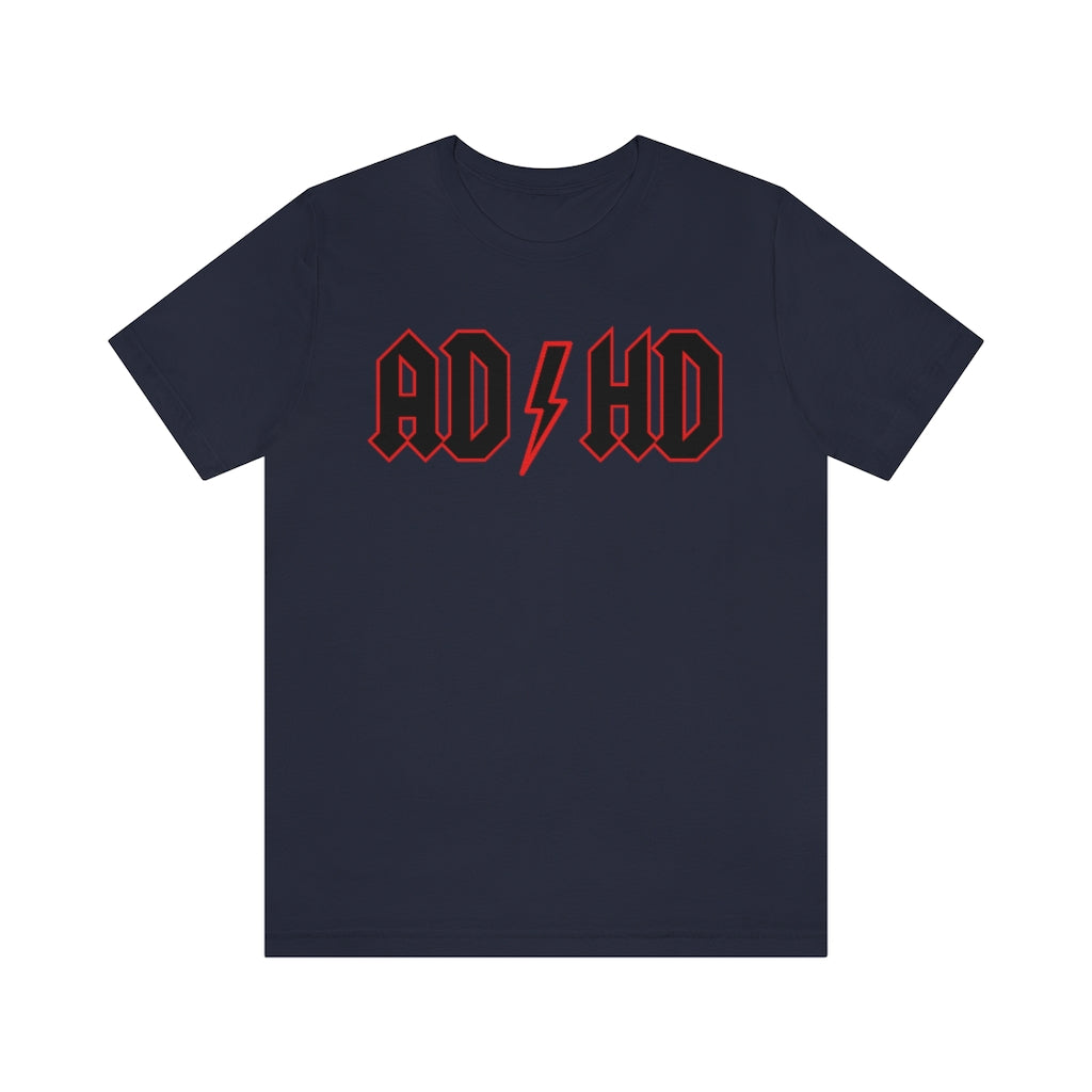 Navy colored t-shirt with black letters with a red outline and thunderbolt in the middle saying "ADHD"