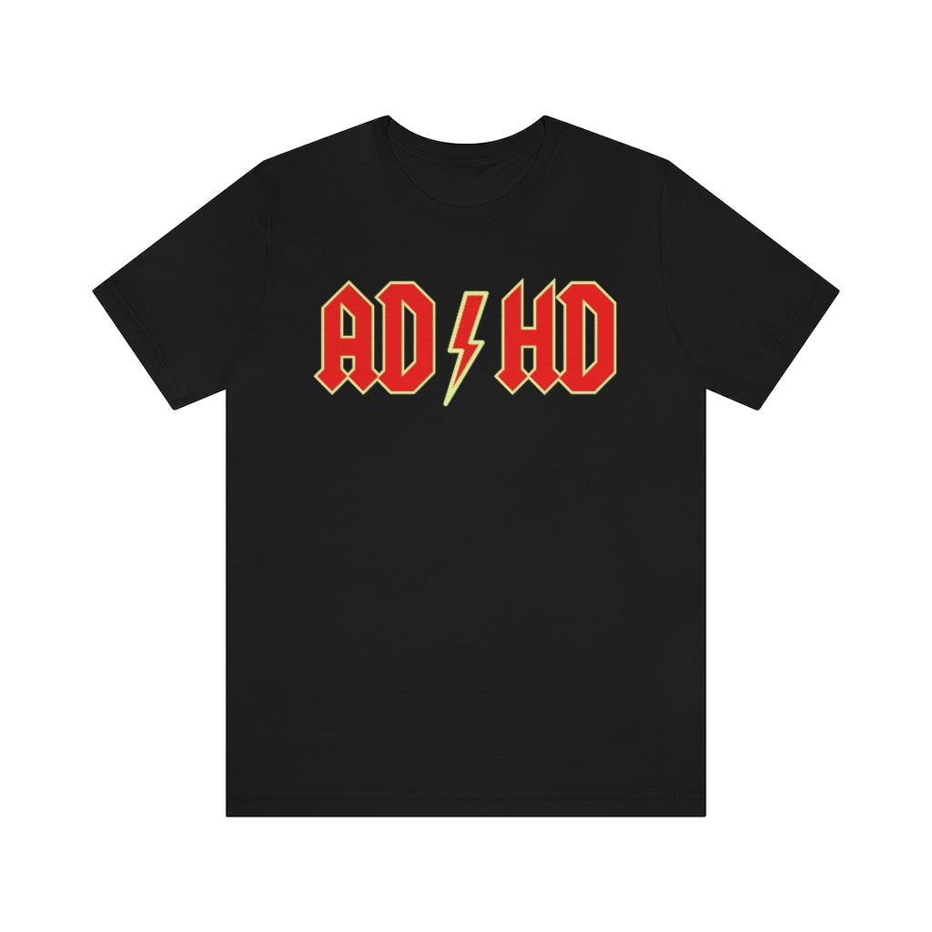 Black t-shirt with red letters with a yellow outline and thunderbolt in the middle saying "ADHD"