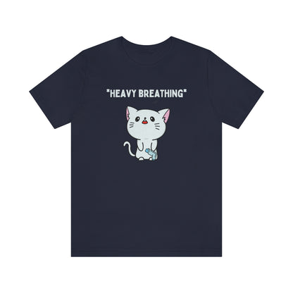 A navy-colored shirt with in white text "*Heavy breathing*" and a cat standing upright