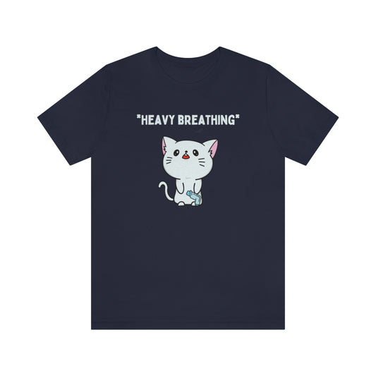A navy-colored shirt with in white text "*Heavy breathing*" and a cat standing upright